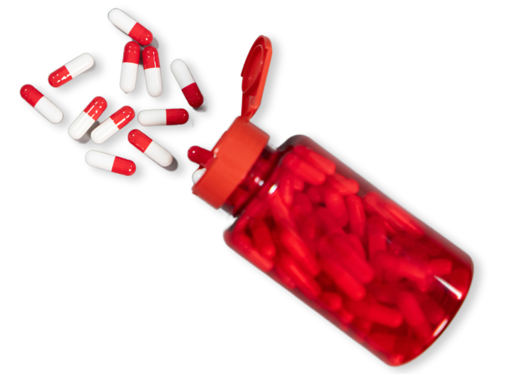Frasco vermelho com cápsulas
